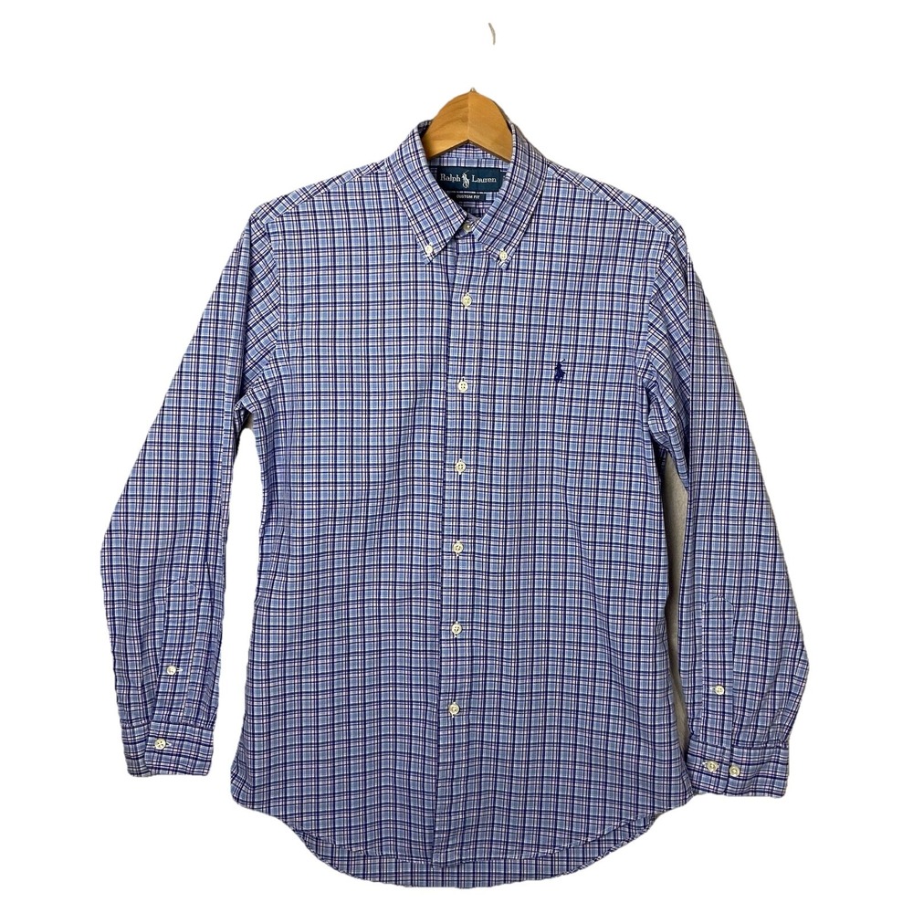 Ralph Lauren Custom Fit Men's Long Sleeve Button Up Blue Plaid Size 15 32/33 (S)